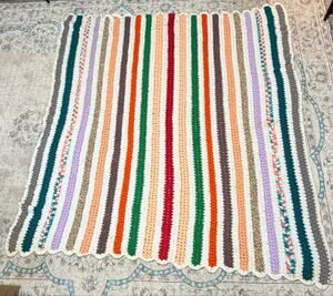 Handmade Crochet Afghan Blanket 77x67 Multicolor Striped Scalloped Edge Throw